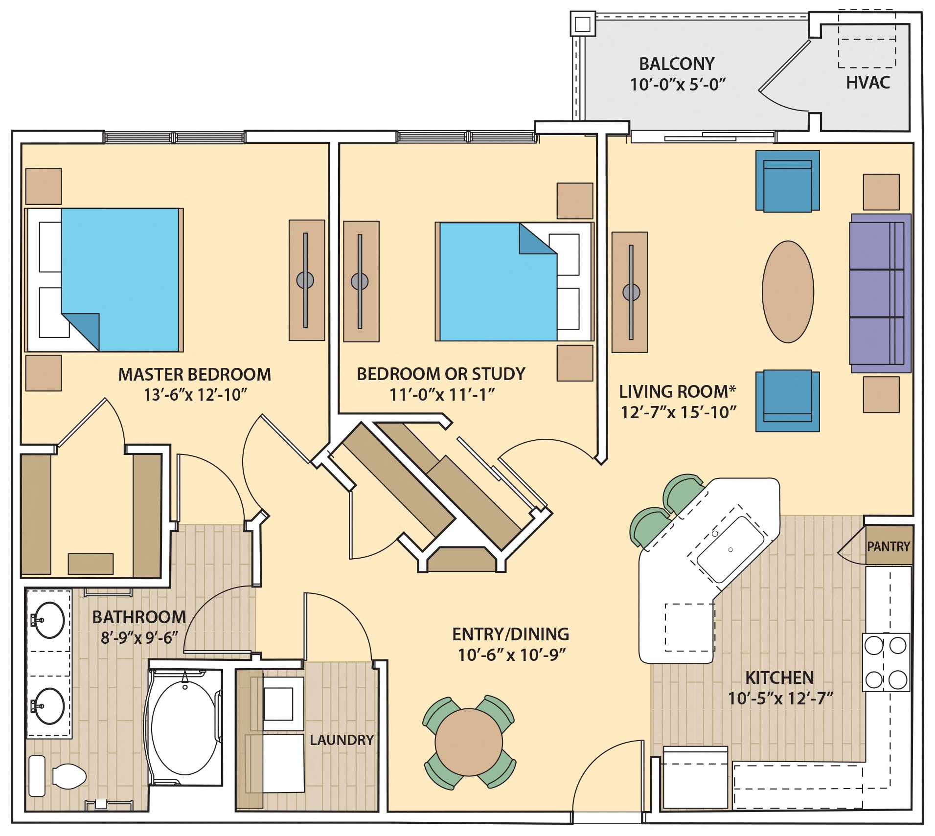 Floor plan for 2 beds, 1 bath, 1183 sqft